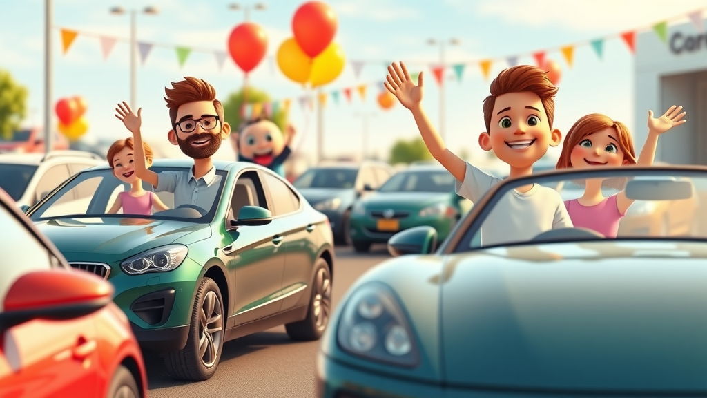 satisfied car buyers driving off Myrtle Beach dealership lot, family in cars, festive balloons, auto sales success in Myrtle Beach