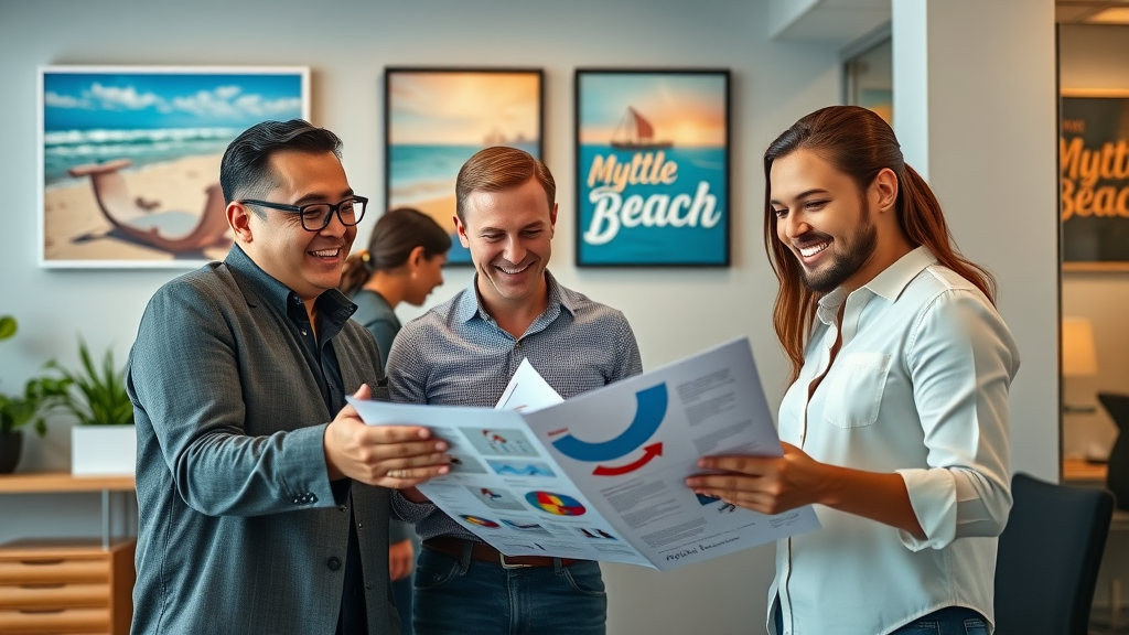 confident small business owners, collaborating on branding materials, lively group in a Myrtle Beach office, myrtle beach online branding, bright and modern workspace