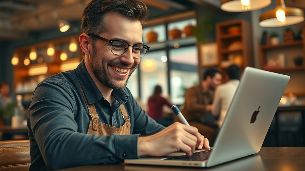 smiling small business owner practicing positive review response techniques
