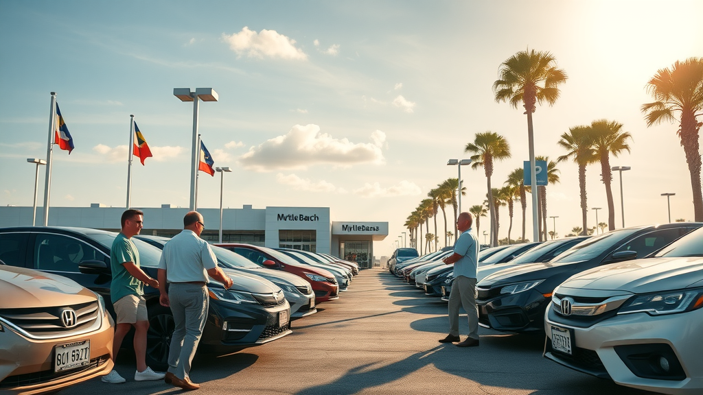 dynamic Myrtle Beach car dealership exterior, bustling, showcasing dealership staff greeting potential clients, sunlit lot with palm trees and rows of new cars under a bright sky, South Carolina license plates