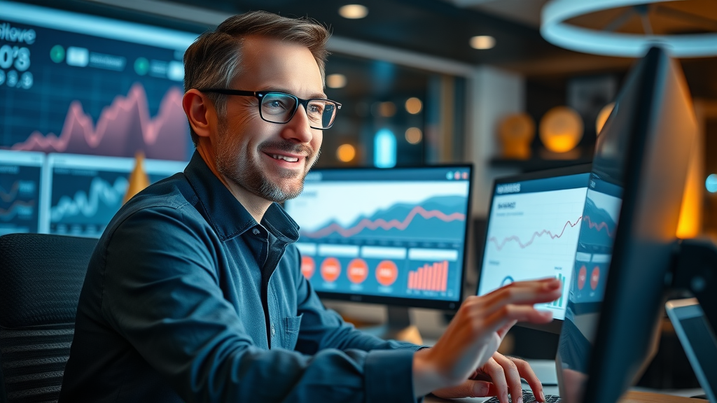 Car dealership marketer reviewing personalized email campaign analytics and customer loyalty trends on sleek digital screens