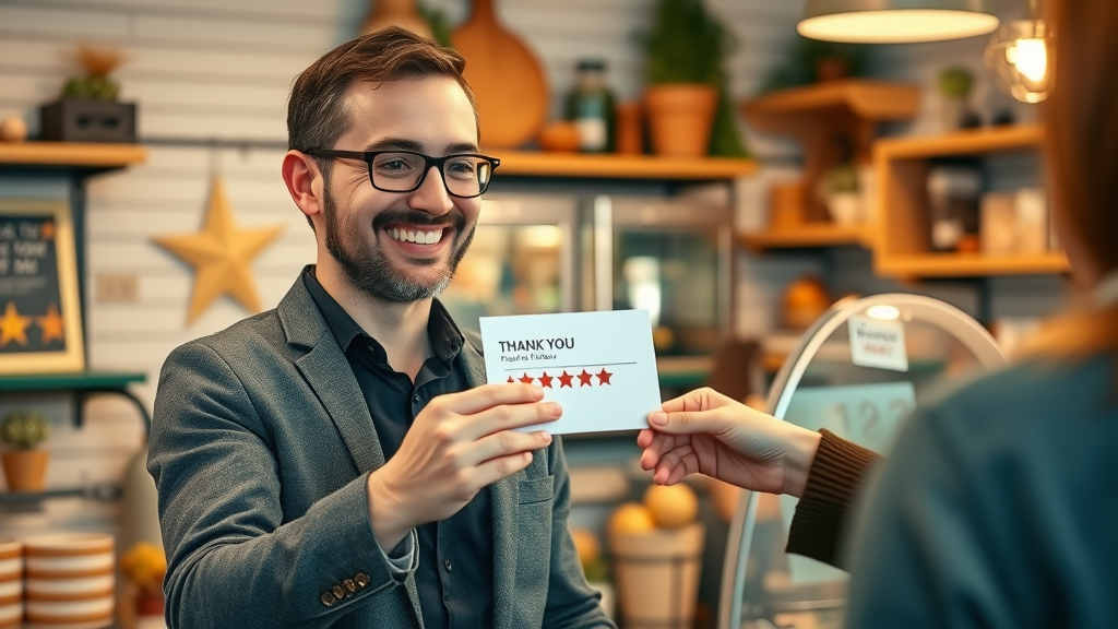 happy business owner thanking customer after positive online review