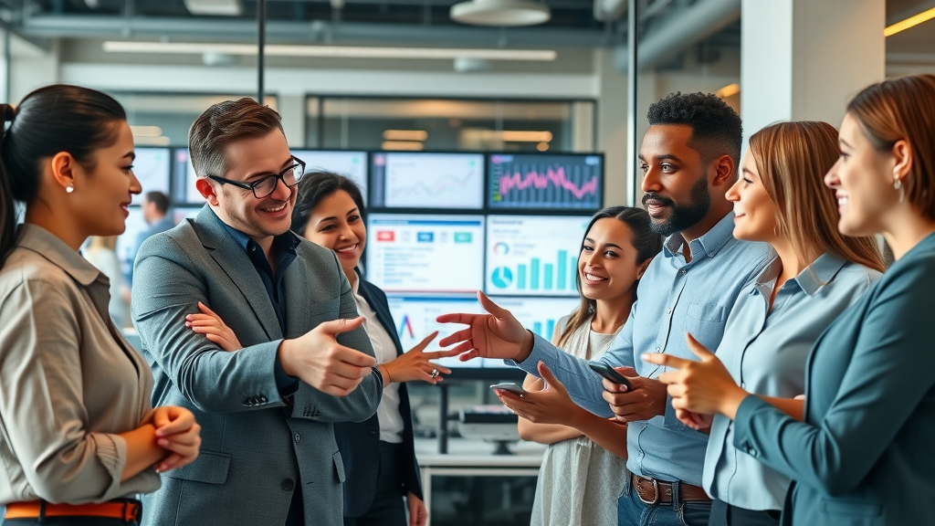 diverse marketing team discussing reputation management and online presence
