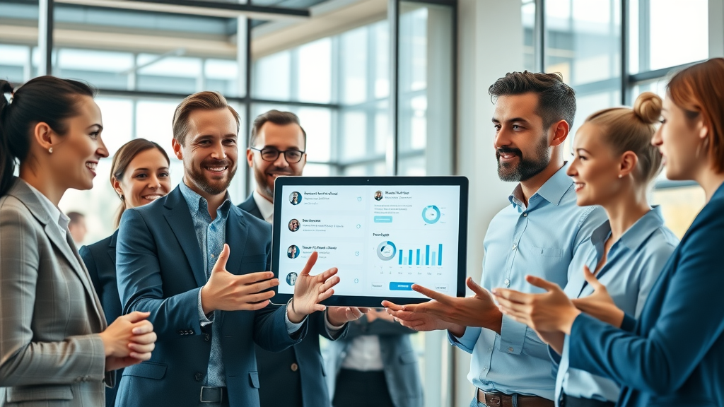 Vibrant modern business team discussing reputation marketing strategies and digital marketing results in a high-tech office; positive online reviews displayed on digital screens.