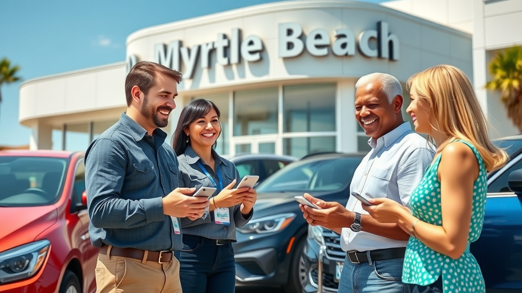 Myrtle Beach car dealership social media marketing staff greeting local buyers with smartphones, sunny dealership lot