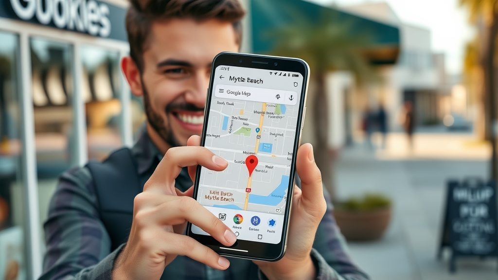 Myrtle Beach business location marked on Google Maps mobile app, optimized local SEO with customer engagement, local pack listing benefits, Myrtle Beach store rankings.