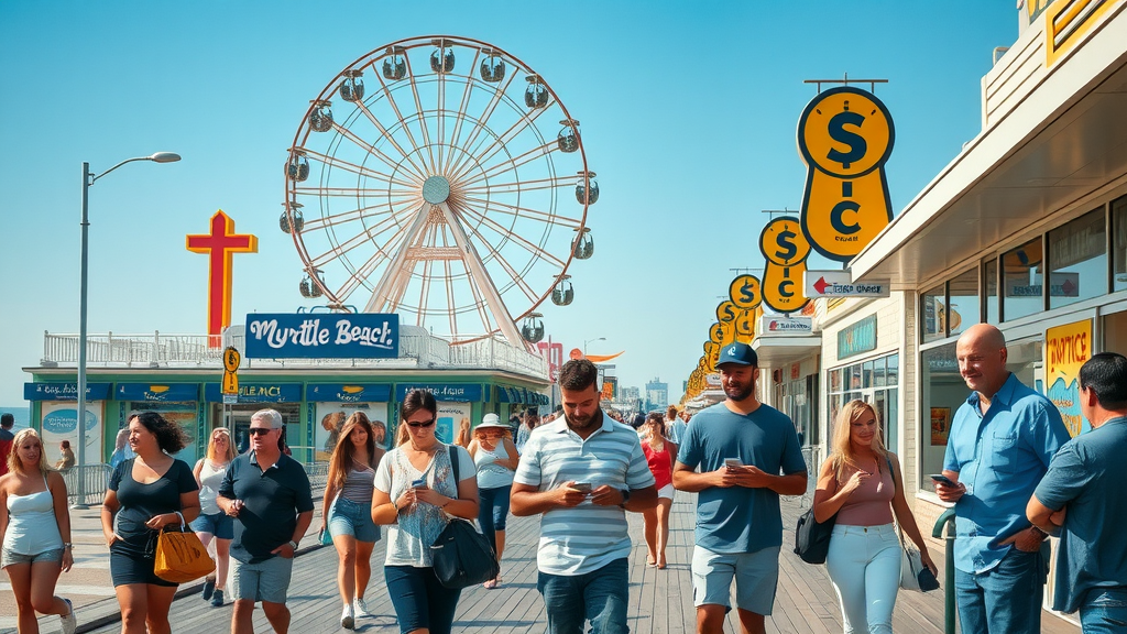 Affordable Retargeting Myrtle Beach - local business owners and visitors on Myrtle Beach boardwalk, Ferris wheel, outdoor ads, website design, digital marketing