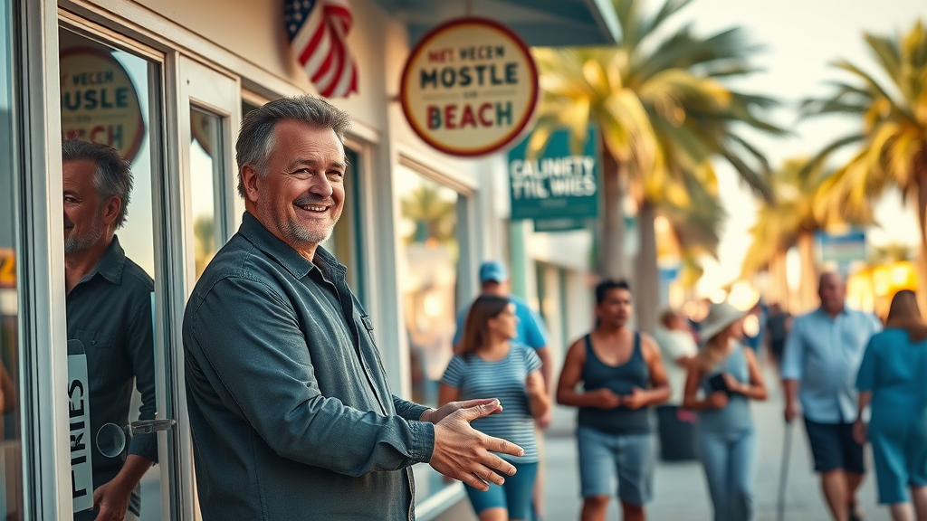 Vibrant Myrtle Beach storefront reputation marketing for myrtle beach businesses welcoming local business owner and customers, bustling Myrtle Beach street with palm trees and beachgoers