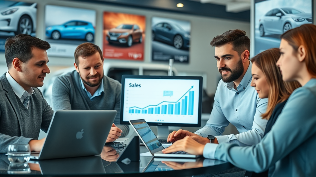 Professional marketing team at a Myrtle Beach car dealership focused on digital strategies, with laptops and digital boards