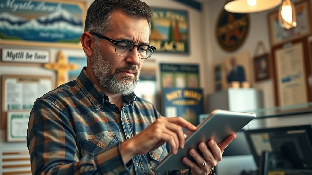 focused Myrtle Beach local business owner updating digital business listing on tablet, boosting online presence through SEO services.