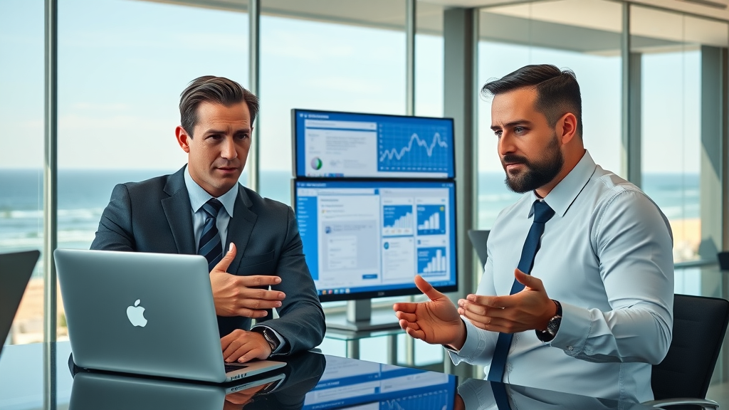 Inspirational legal team of Myrtle Beach attorneys confident expressions discussing Facebook marketing strategies modern office with ocean view and Facebook stats in background