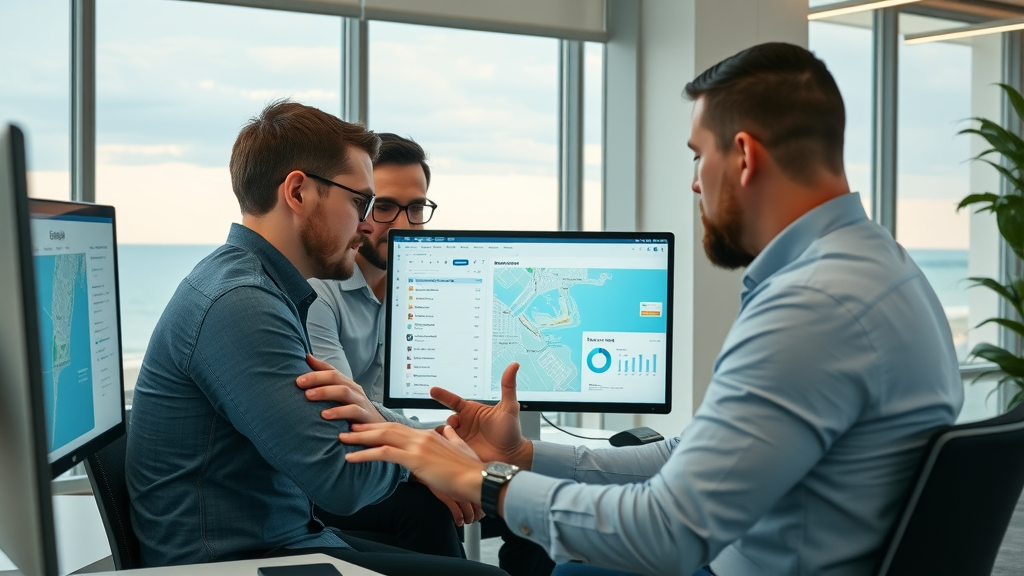 myrtle beach seo, professional digital marketing team collaborating Myrtle Beach city map and analytics in modern office, ocean view, photorealistic