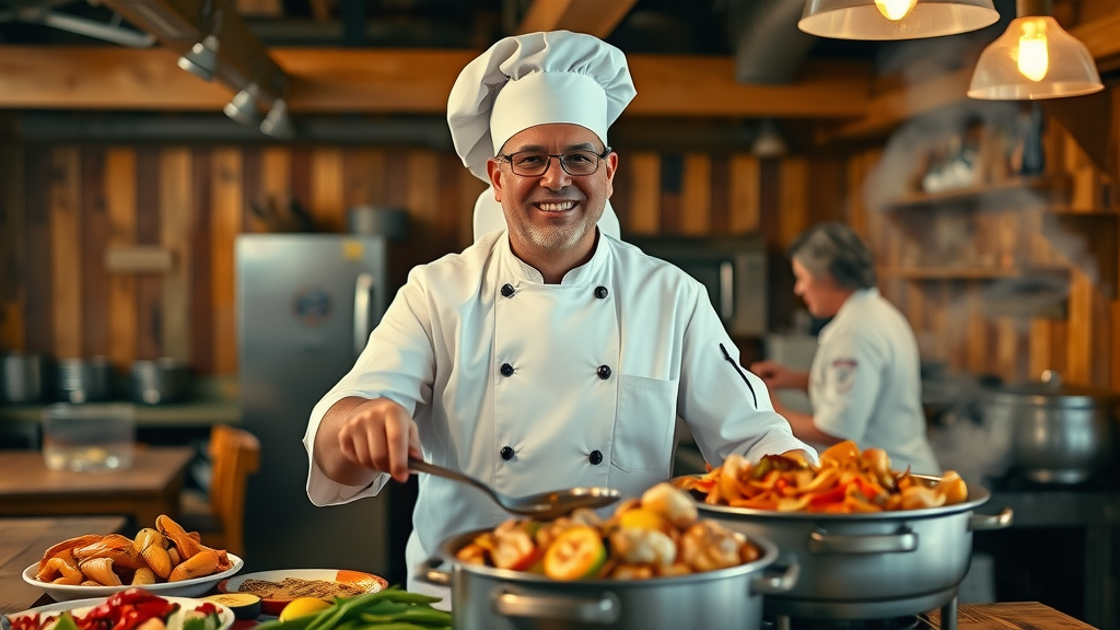 Chef preparing Lowcountry boil in Myrtle Beach, vibrant local ingredients for social media marketing