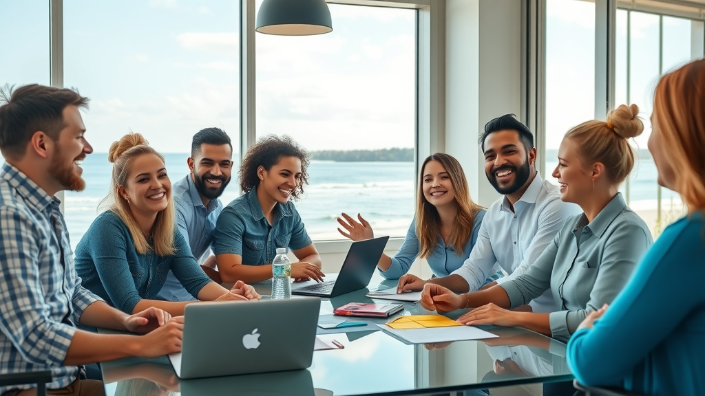 Professional Myrtle Beach digital marketing team collaborating in office with ocean view, energetic marketing agency in Myrtle Beach