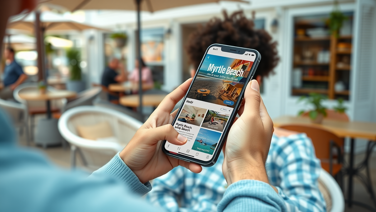 user experience mobile Myrtle Beach, modern user browsing Myrtle Beach business website on smartphone, beach-themed café setting, photorealistic