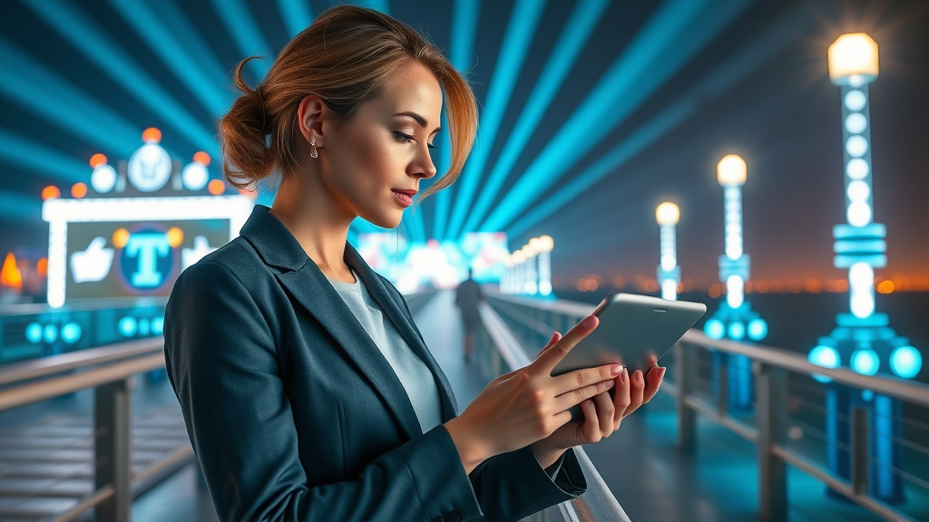 Futuristic businesswoman using digital tablet with social media icons on Myrtle Beach pier, trendsetting digital marketing in Myrtle Beach