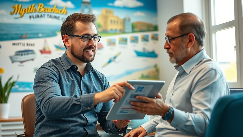professional SEO consultant strategizing with small Myrtle Beach business owner on digital marketing plan for improved search engine optimization.