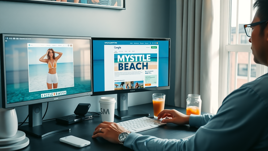 media content creator multitasking: uses Canva, Hootsuite, Google Sheets for Myrtle Beach content