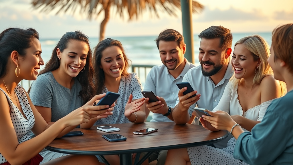 Diverse group sharing engaging Myrtle Beach social media content in a beachfront setting