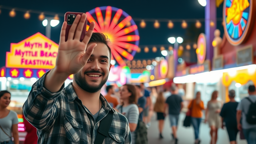 happy influencer filming engaging video content at Myrtle Beach boardwalk festival