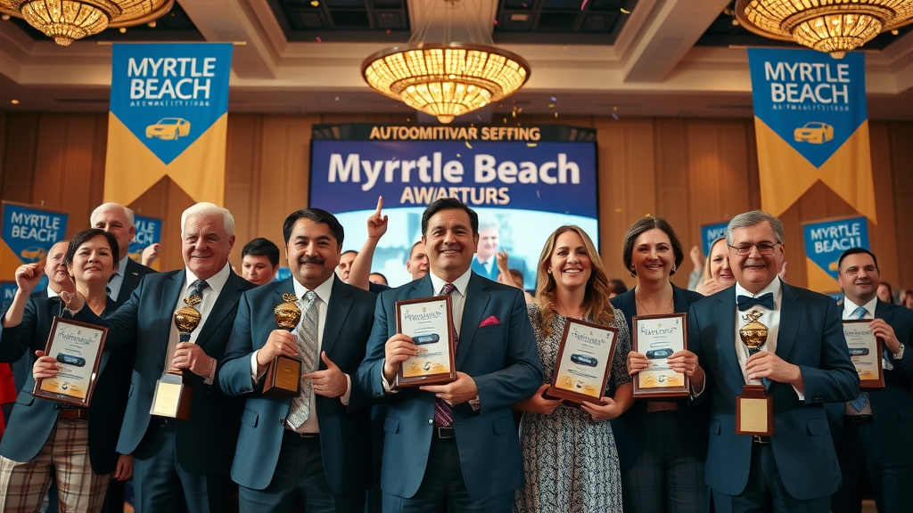 Automotive marketing excellence awards for car dealerships in Myrtle Beach, representatives celebrating with trophies