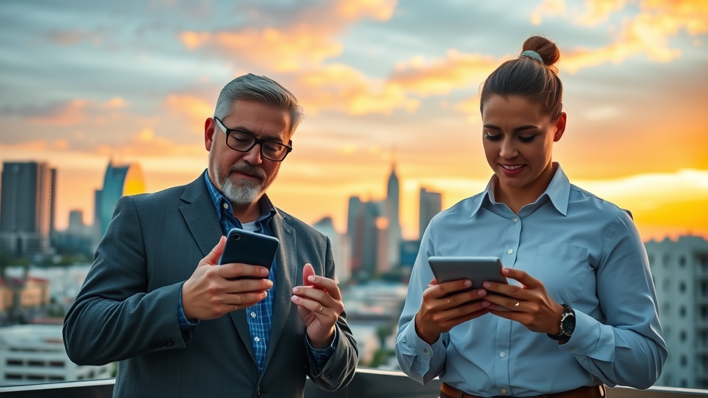 vibrant Myrtle Beach skyline at sunrise, business owners looking inspired, viewing digital tablets and smartphones, downtown Myrtle Beach with iconic landmarks and digital overlays, myrtle beach online branding, warm sunrise tones
