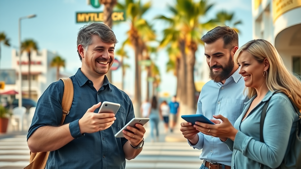 Myrtle Beach business district with local entrepreneurs networking via digital platforms, enhancing online presence through social media marketing