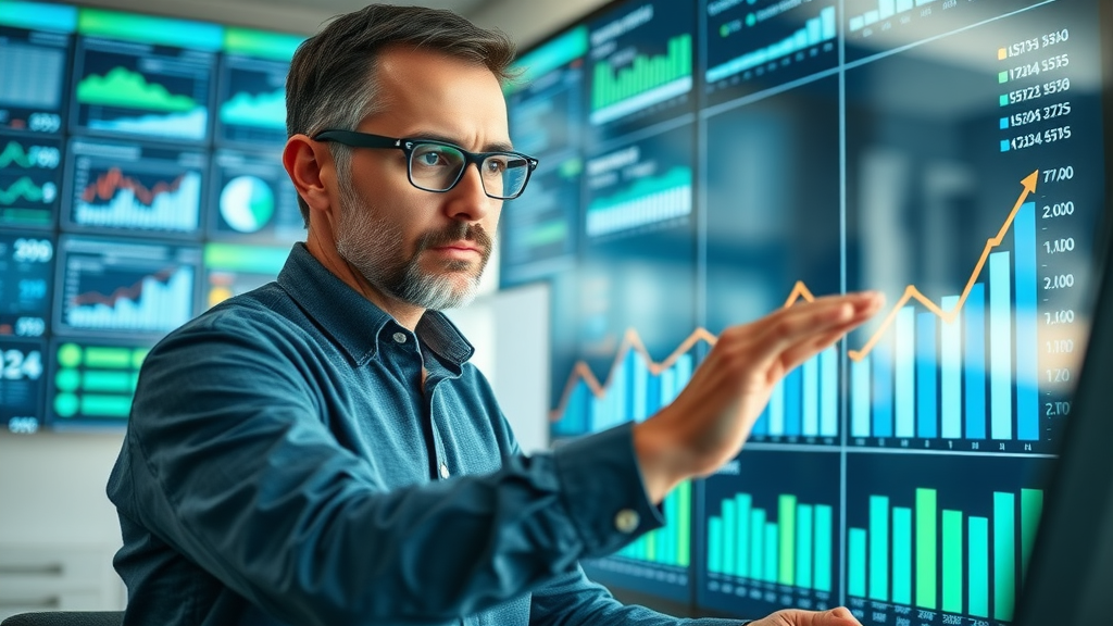 Professional analyst examines Myrtle Beach SEO statistics, large interactive graph displays growth, high-tech workspace