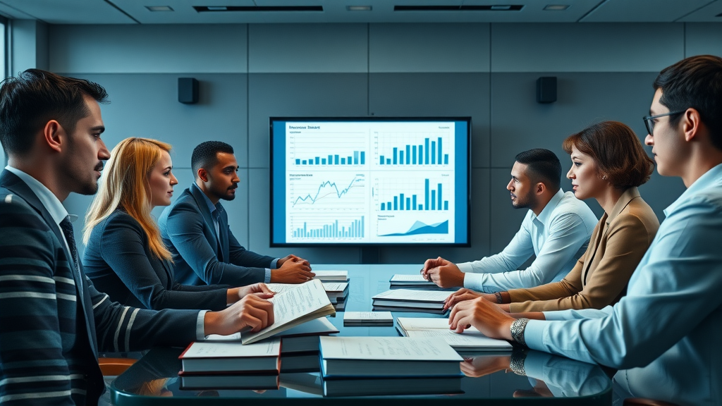 diverse legal team at work, analyzing client reviews on large screen, reputation management for Myrtle Beach law firms, law books and digital monitors visible