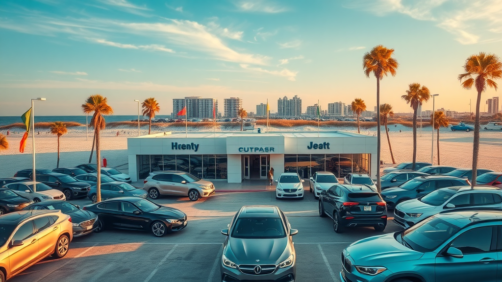 beachfront car dealership in Myrtle Beach, colorful flags, palm trees, wide aerial view, showcasing new and used cars for sale, auto sales success