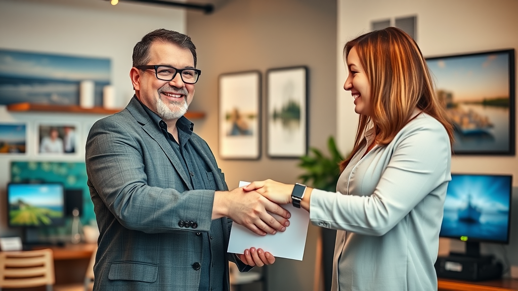 successful Myrtle Beach business owner shaking hands with a social media marketing expert in a stylish coastal office
