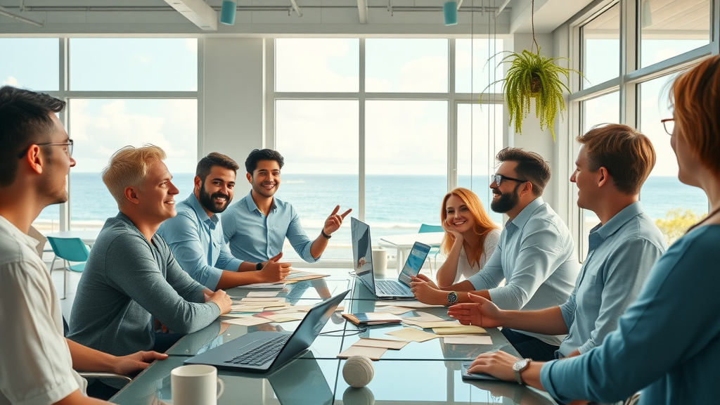 Creative marketing team collaborating on content creation with beach-themed office decor, infusing Myrtle Beach vibes into social media campaigns