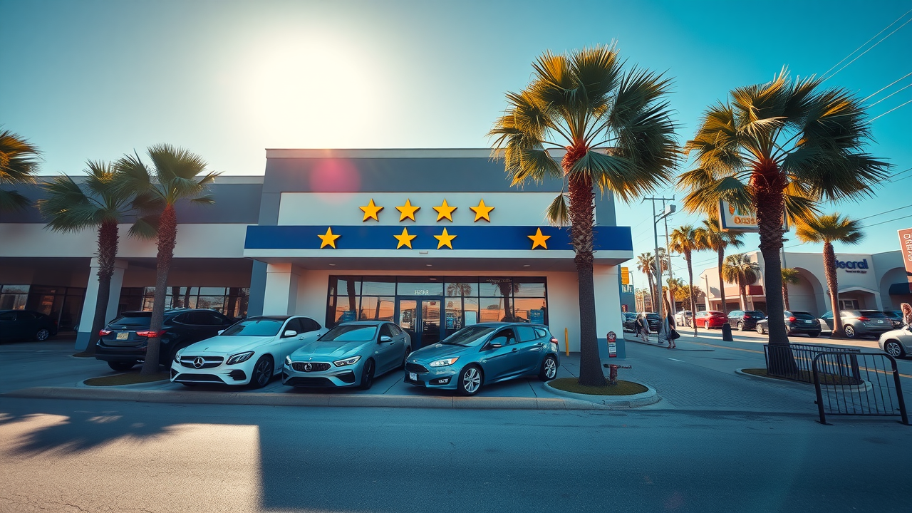 Car dealership storefront on Google Maps with five-star ratings and Myrtle Beach palm trees