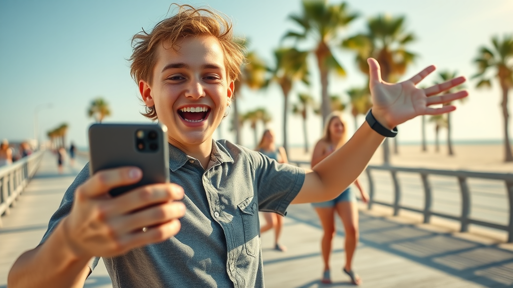 micro-influencer and friends filming playful TikTok dance on Myrtle Beach boardwalk