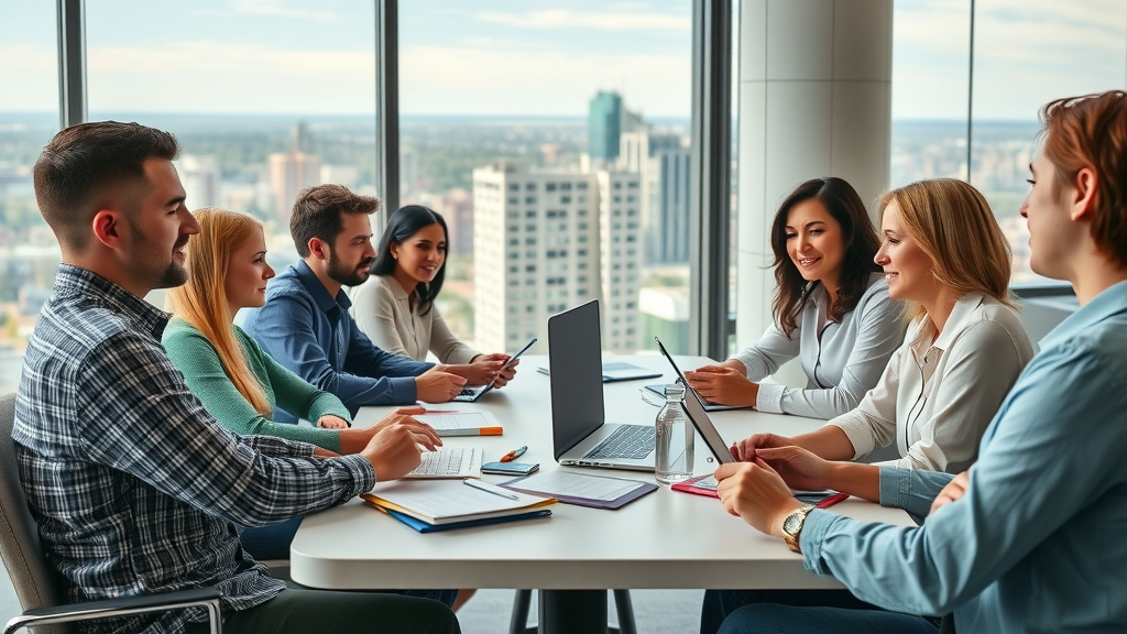 media agency in myrtle beach group brainstorming collaborative marketing strategy modern office skyline