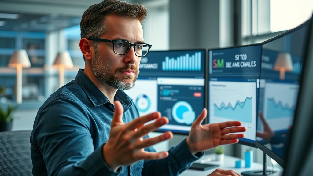 Digital marketer analyzing on-page SEO performance and content creation analytics in a Myrtle Beach office, modern screens, photorealistic light