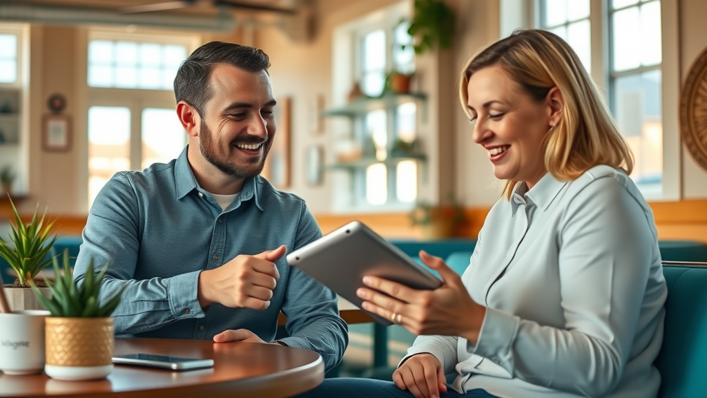 Myrtle Beach digital marketing consultant advising a local client, friendly marketing agency guidance in a beachside cafe