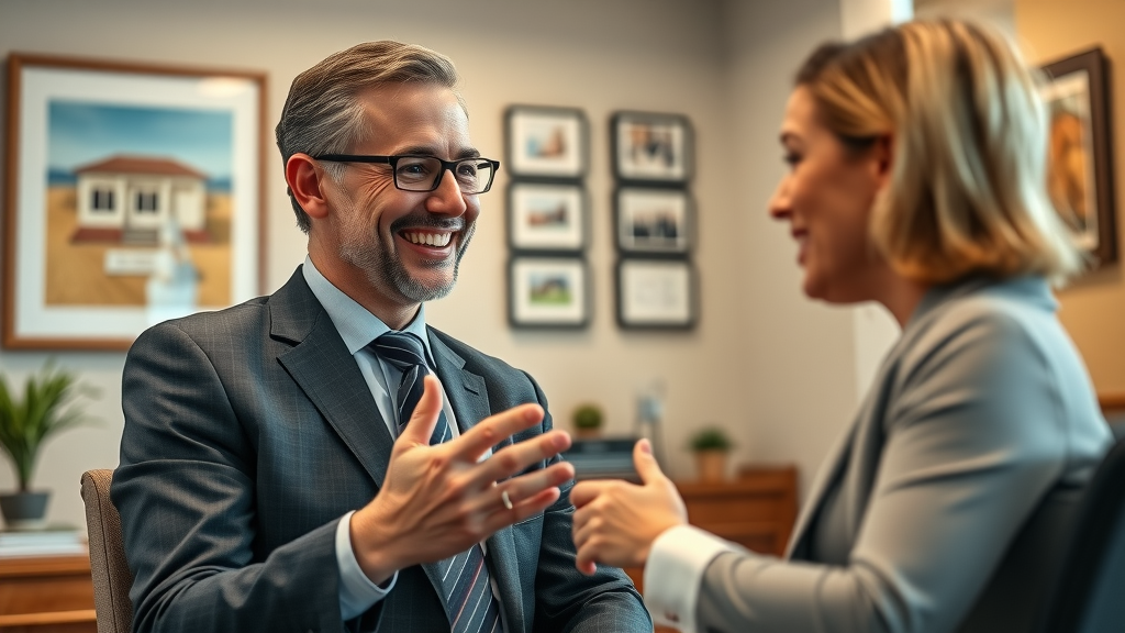 Trustworthy Myrtle Beach attorney sharing testimonial with a smiling client in a local law office