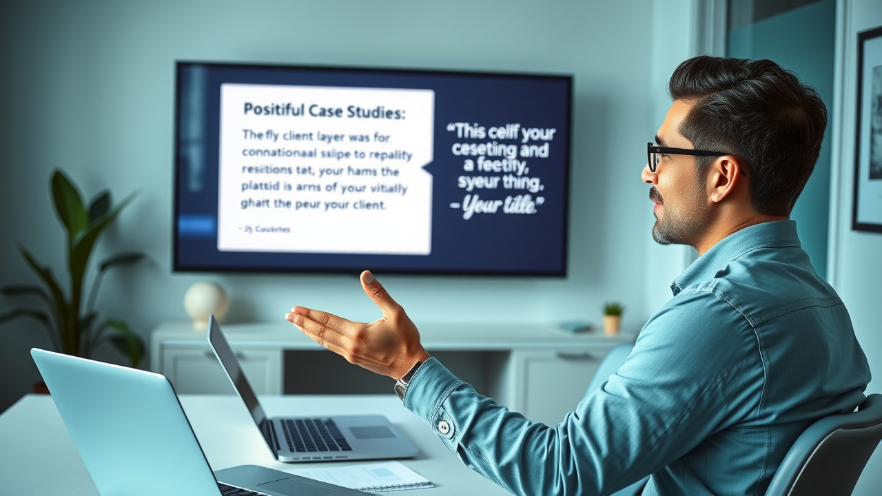 Successful SEO consultant presenting Myrtle Beach client case studies, confident in client meeting room with testimonials