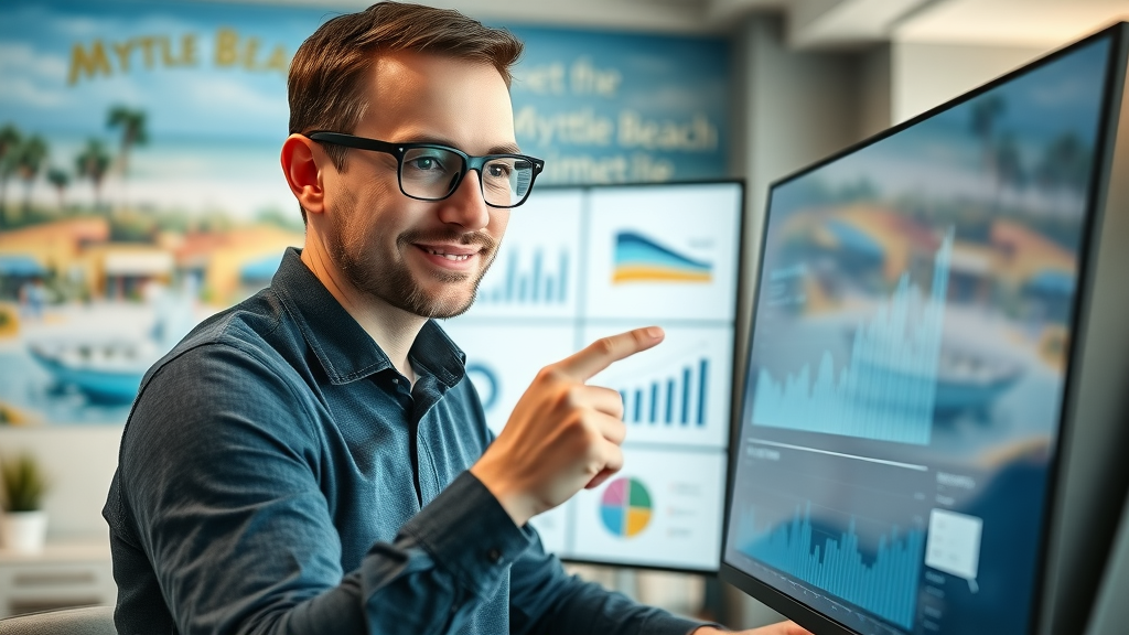seo services Myrtle Beach, analyst examining digital dashboard and SEO metrics, Myrtle Beach mural in background, photorealistic