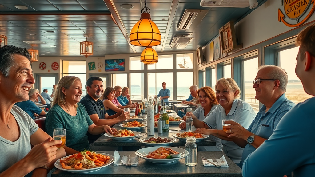 Bustling Myrtle Beach seafood restaurant strong reputation marketing for myrtle beach businesses, happy patrons and cheerful staff, nautical décor