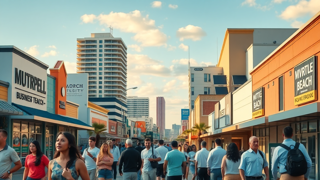 Myrtle Beach business district skyline energized with digital marketing and SEO presence, lively downtown featuring tech elements and people collaborating, vibrant daylight
