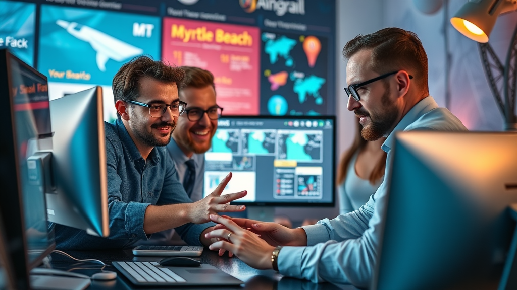 affordable social media marketing myrtle beach - dynamic marketing team collaborating on web, content, and email marketing in imaginative Myrtle Beach office