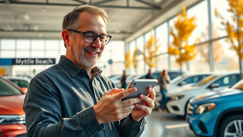 dealership owner reviewing positive customer feedback Myrtle Beach reputation management showroom