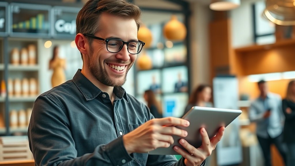 small business owner reviewing online engagement metrics