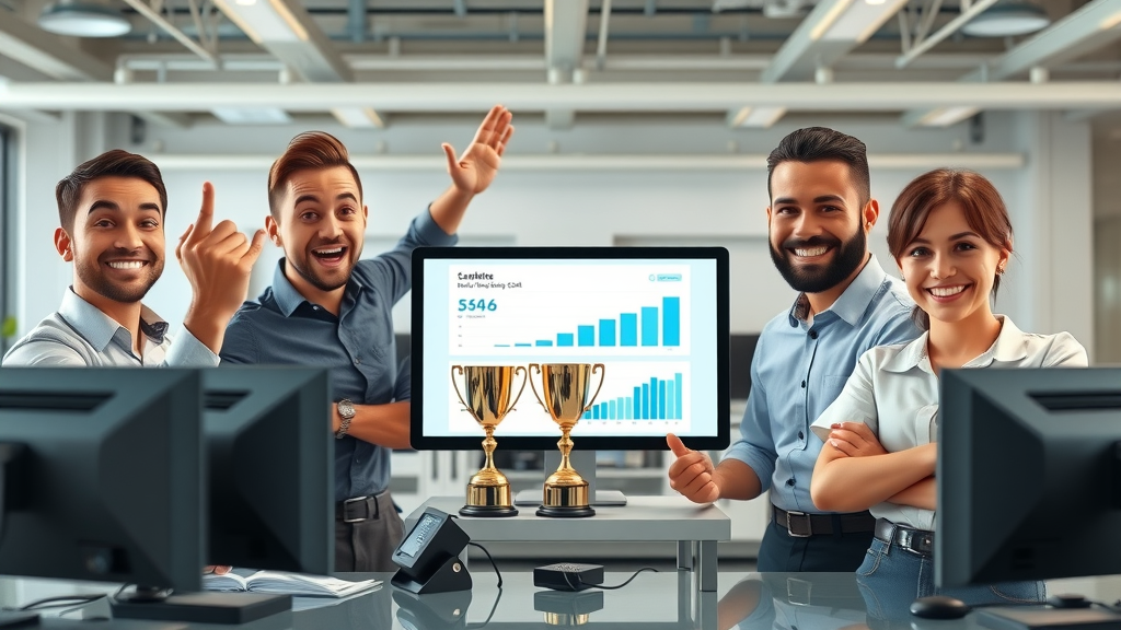 successful car dealership team in Myrtle Beach celebrating strong sales with digital marketing analytics on screen, modern office with cars and trophies