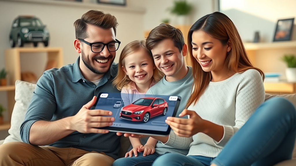 Modern family shopping for cars online, using tablet with virtual walkthrough, cozy living room setting