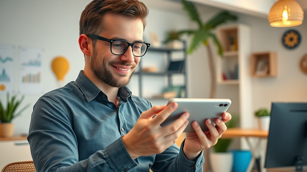 modern business owner using smartphone reviewing Myrtle Beach digital marketing analytics positive customer feedback