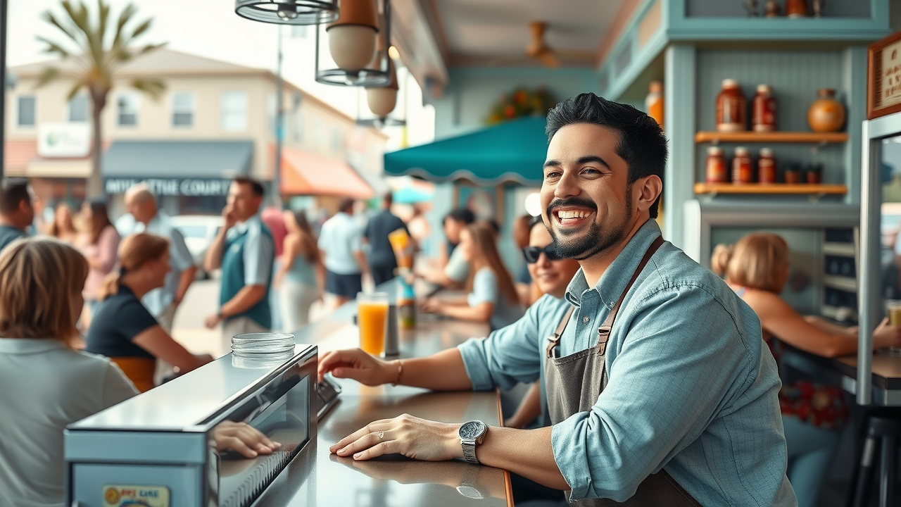 Joyful Myrtle Beach cafe owner celebrating local social media marketing success with customers