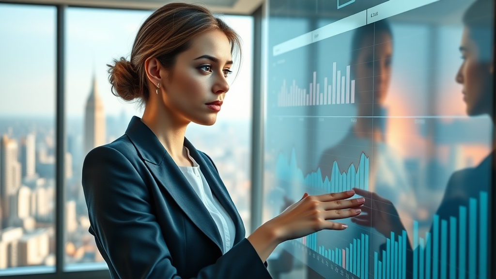 Businesswoman analyzing reputation monitoring metrics dashboard and KPI trends for online reviews
